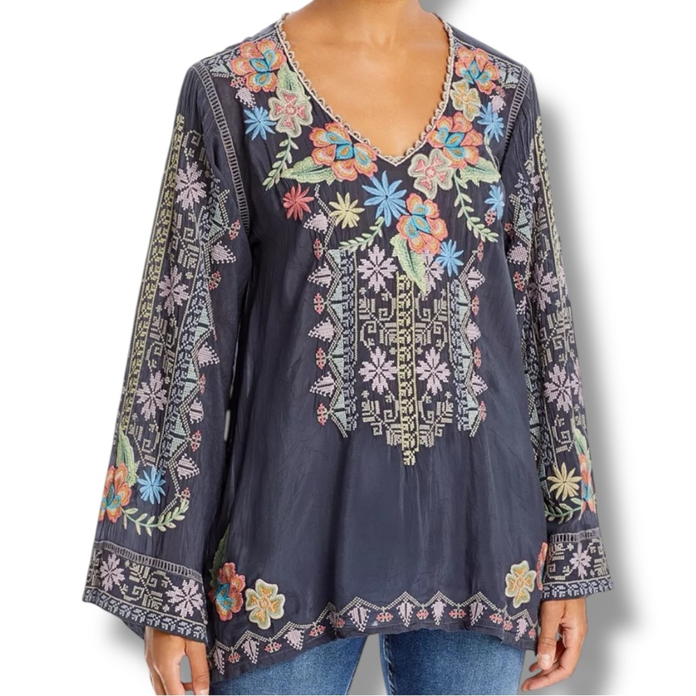 Johnny Was Riveda Heavily Embroidered Top Dark Gray Size XS